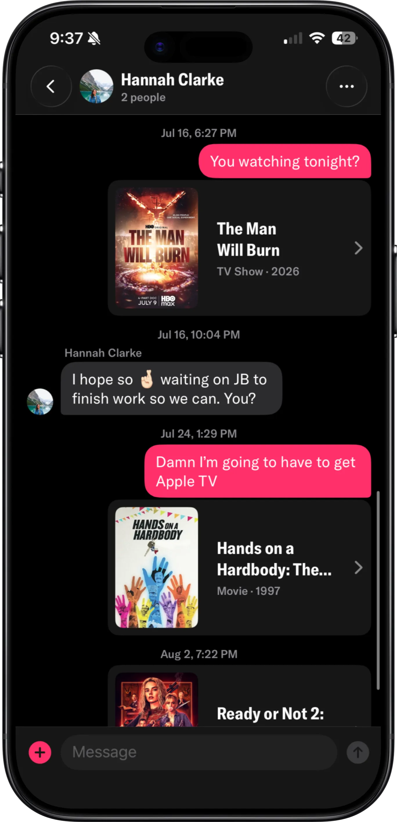 A one-to-one chat with Hannah Clarke, with show and film cards shared straight into the thread.