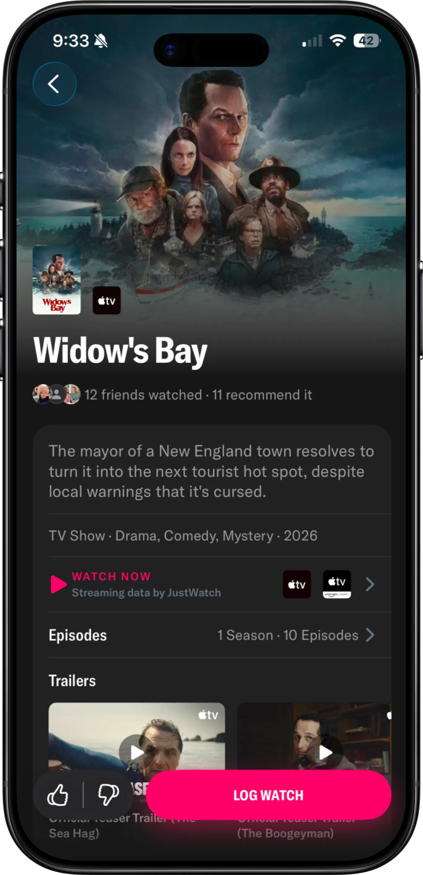 The title page for Widow's Bay — 12 friends watched it, 11 recommend it, with episodes, trailers and a Log Watch button.